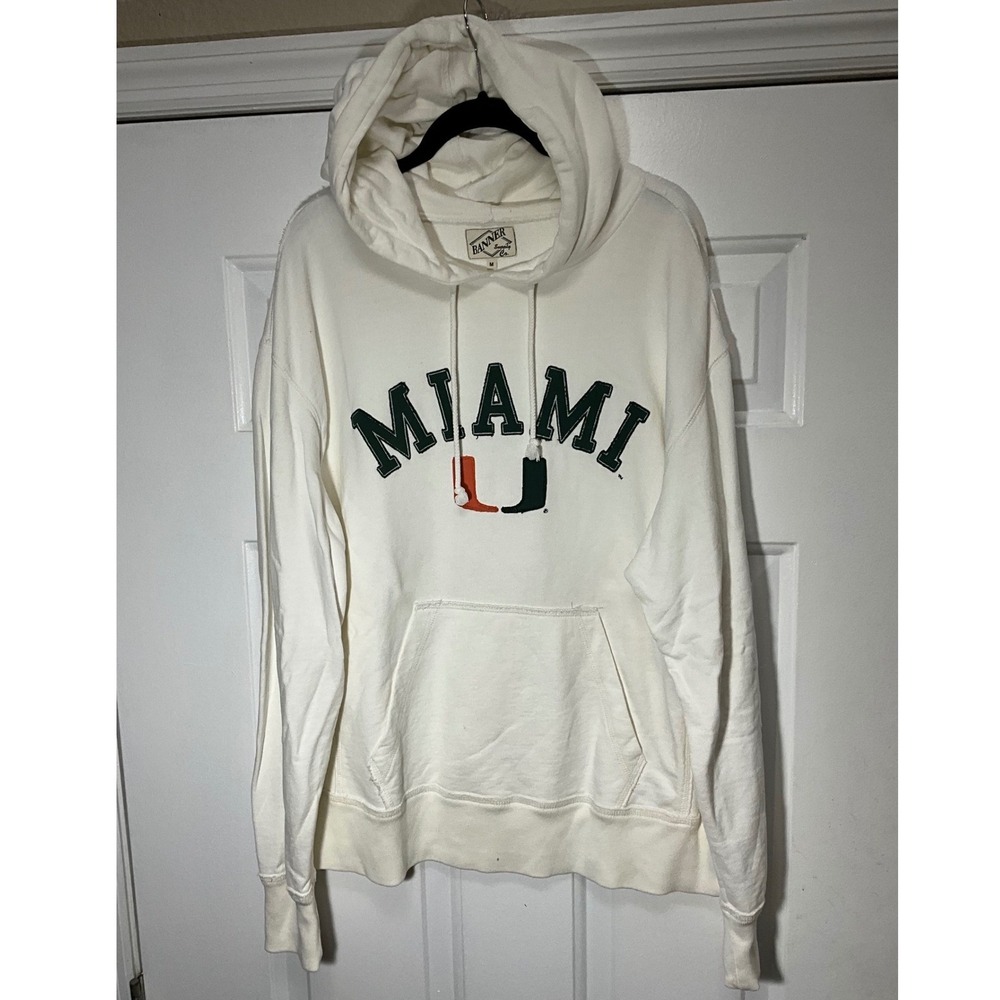 Banner Supply Co Miami Hurricanes Hoodie Mens Medium Cream Spellout U Logo